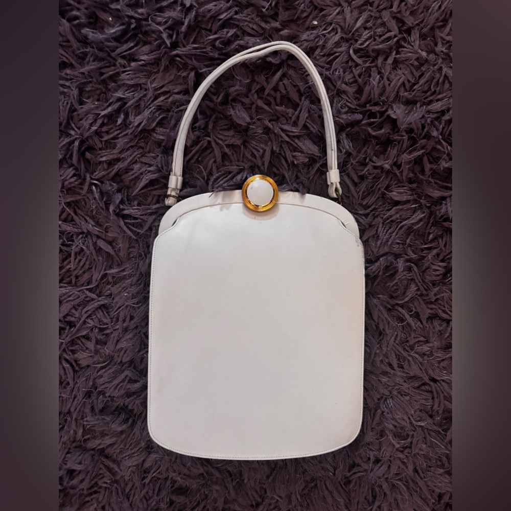 🤍 BIENEN DAVIS 💛 Vintage Elegant White Leather Handbag w/ Gold Accents